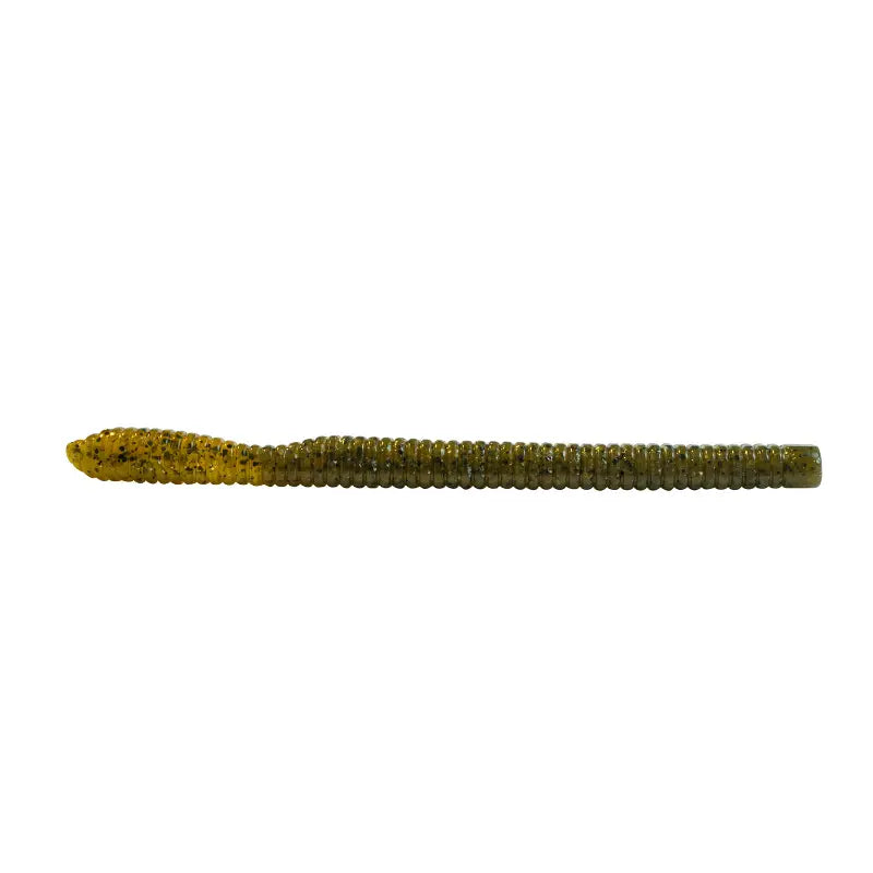 Minhoca de vinil Fishus Bass Trap na cor Green Pumpkin Black Flake (verde abóbora com 'glitter' preto). Amostra finesse para achigã.