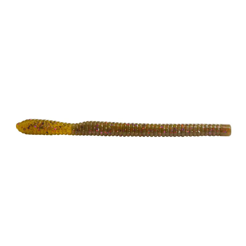 Minhoca de vinil Fishus Bass Trap na cor Pumpkin Magic (castanho alaranjado com flocos multicoloridos).