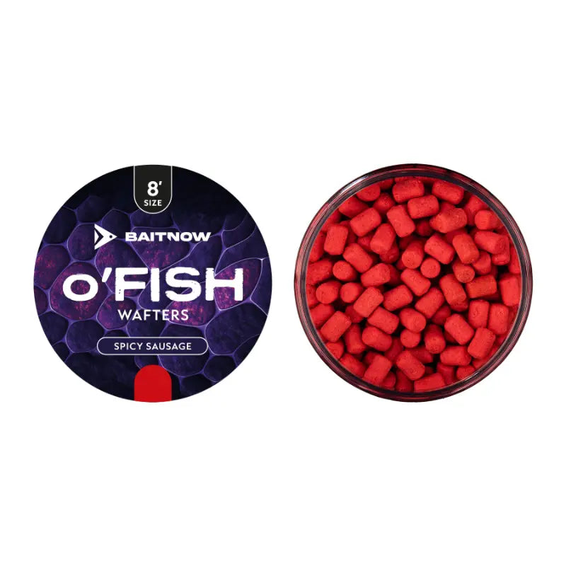Isco equilibrado wafters method feeder O'Fish Spicy Sausage num tom avermelhado para pesca à carpa.